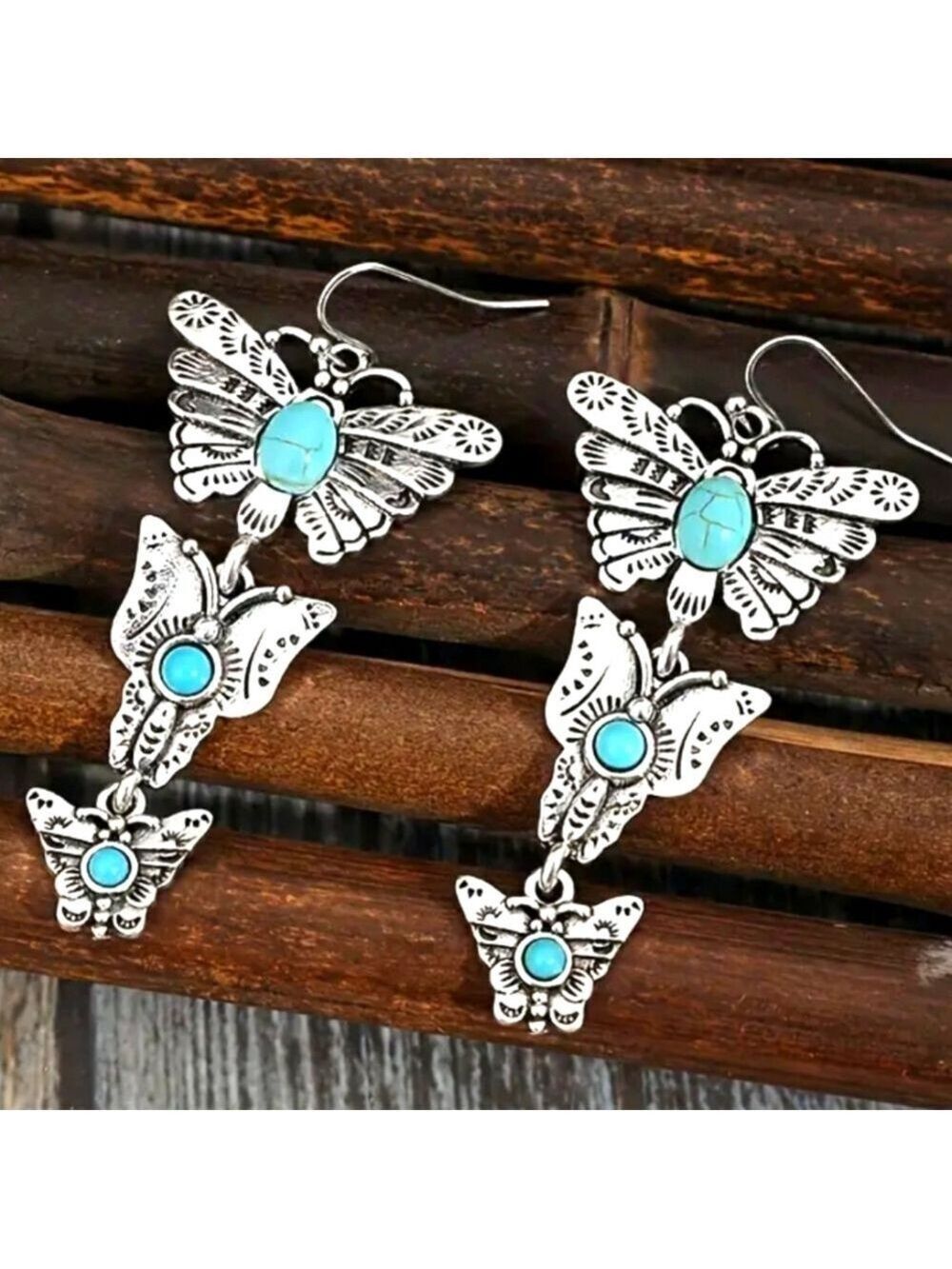 Southwestern Butterfly Simulated Turquoise Trio Earrings